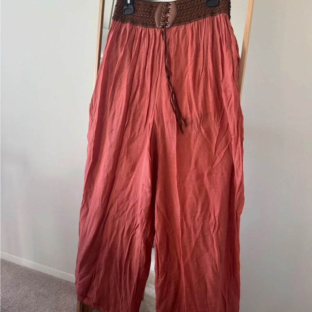 ANTHROPOLOGIE Poetry Wide Leg Bohemian Pants Lined Faux Belt Detail Size L - Picture 1 of 6